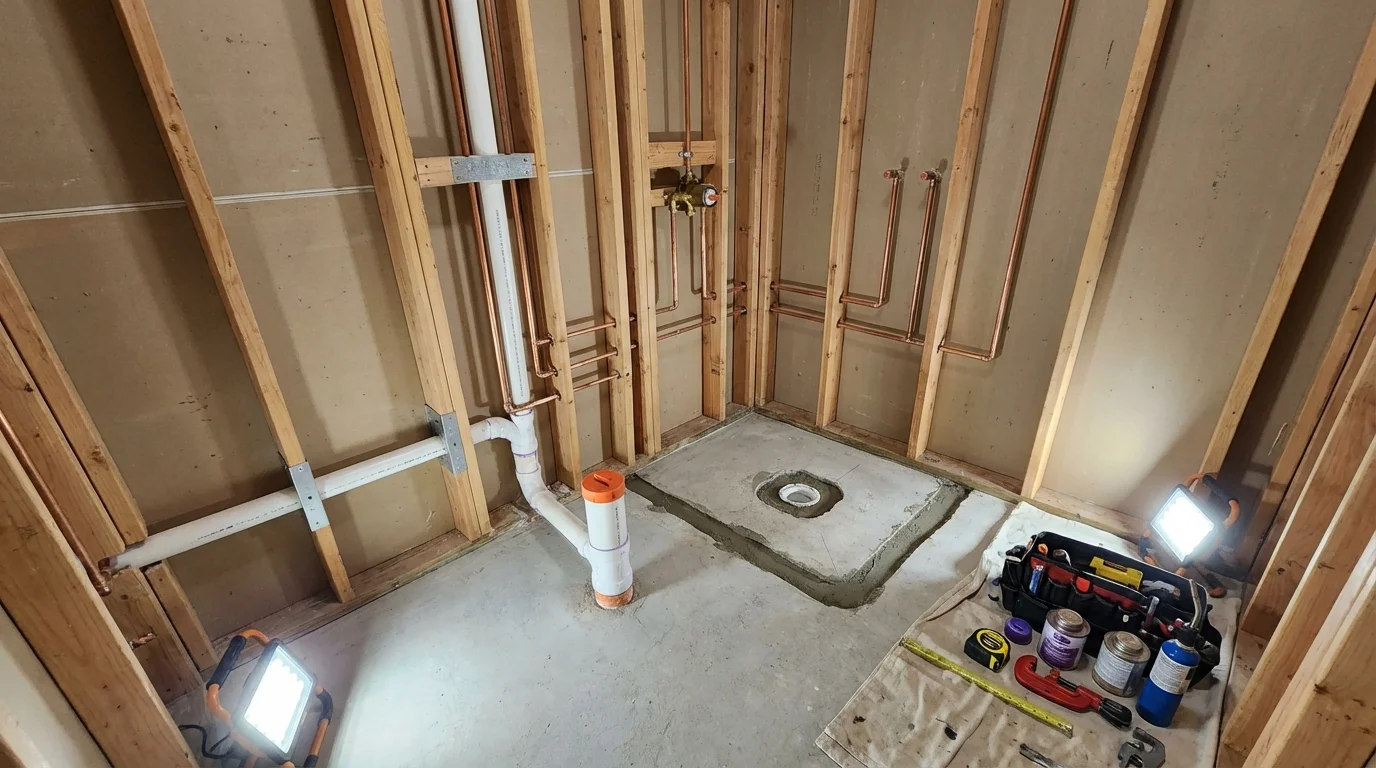 Bathroom rough-in plumbing during remodel by Johns Plumbing LLC in Bessemer City