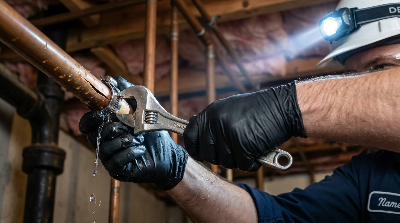 Emergency pipe clamp repair being performed by a Johns Plumbing LLC plumber in Bessemer City