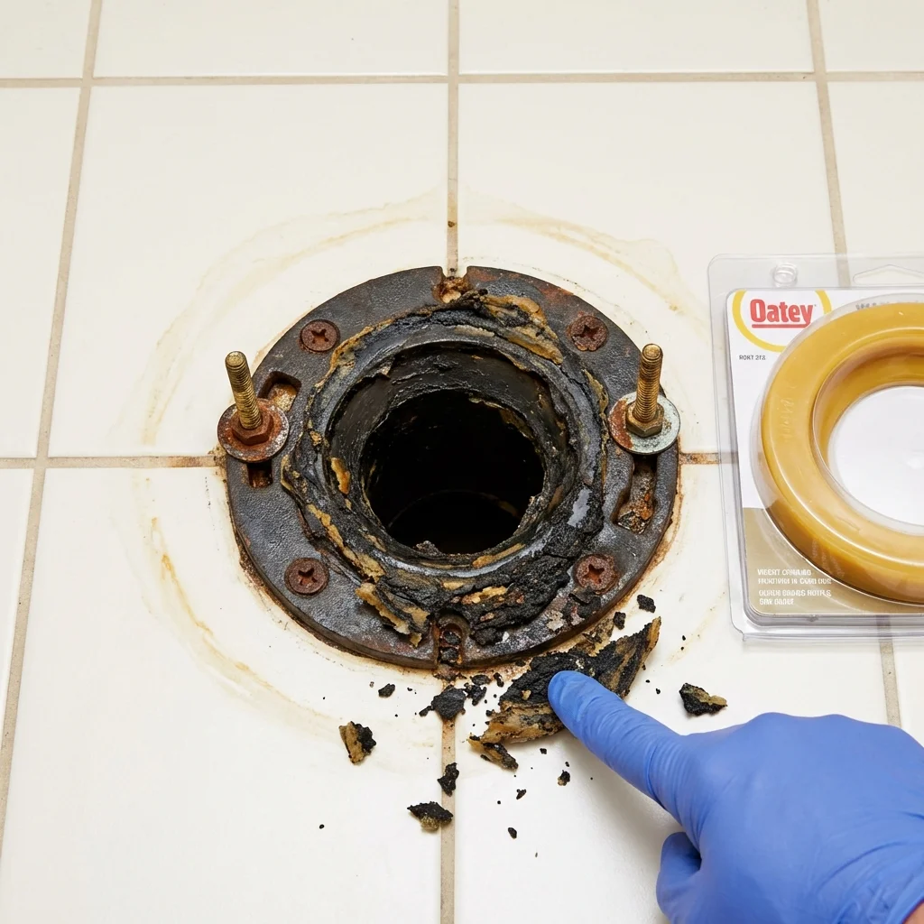 Failed wax ring showing water seepage at the base of a toilet in a Bessemer City, NC home