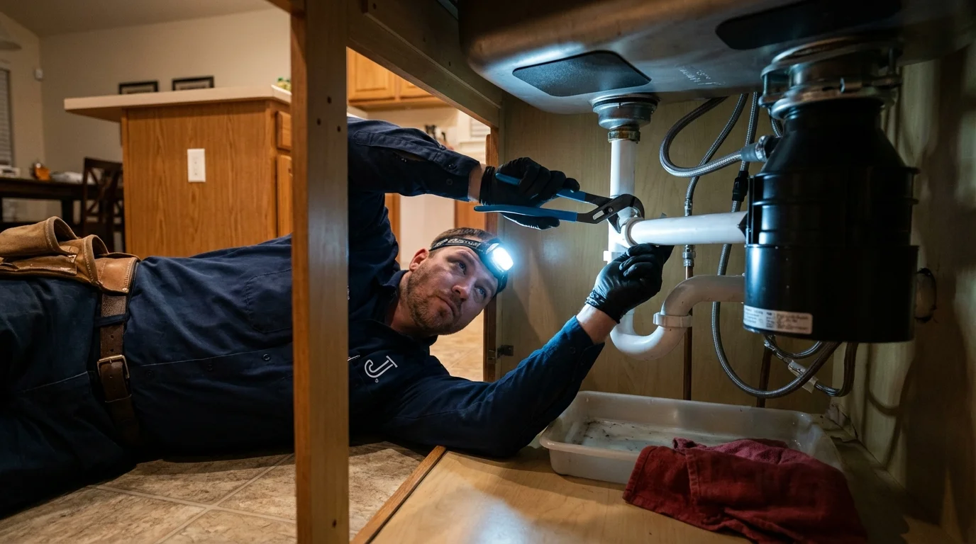 P-trap and supply line connections under a kitchen sink showing a common leak point in Bessemer City, NC